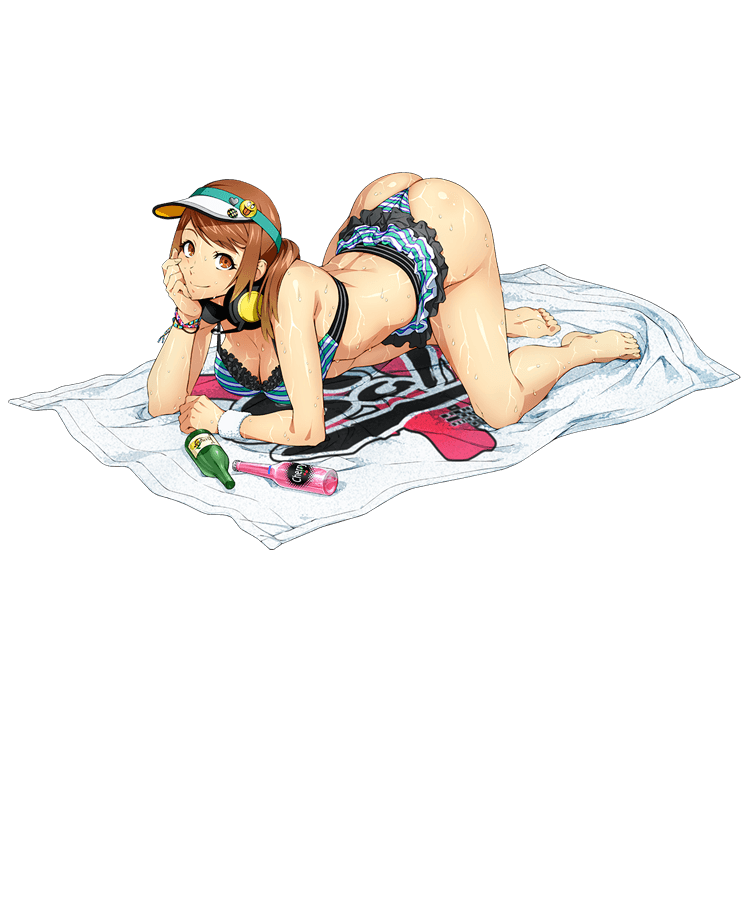 1girl, all_fours, arm_support, artist_request, barefoot, beach_towel, bikini, bikini_skirt