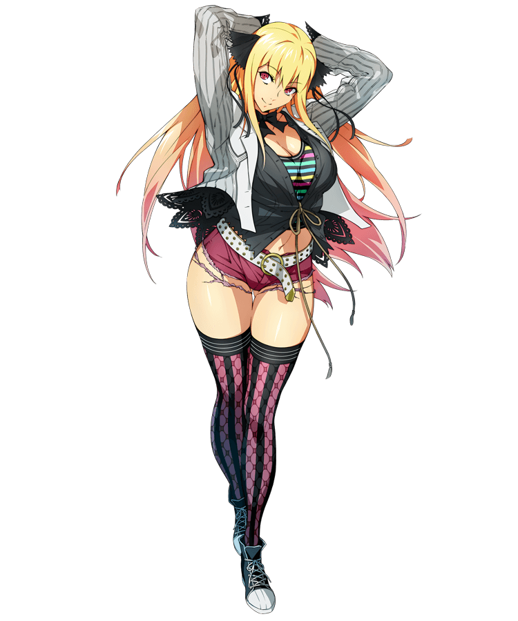 1girl, arms_behind_head, belt, breasts, cleavage, full_body, gradient_hair, large_breasts