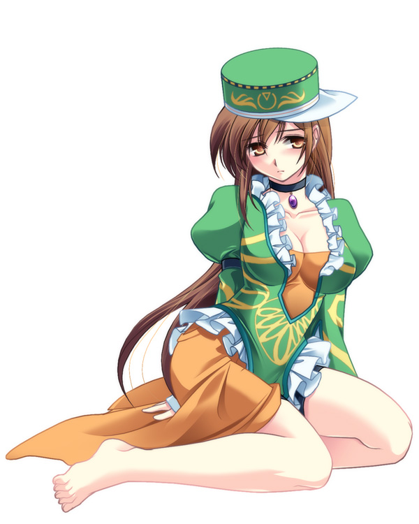 blush, breasts, brown_eyes, brown_hair, choker, claudia_(romancing_saga), cleavage, feet