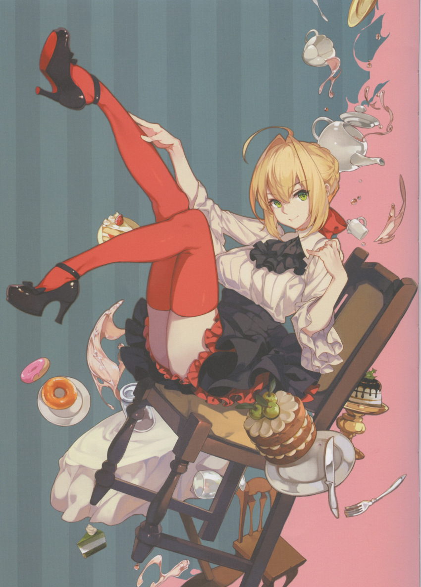 1girl, absurdres, bangs, blonde_hair, cake, chair, eyebrows_visible_through_hair, fate/grand_order