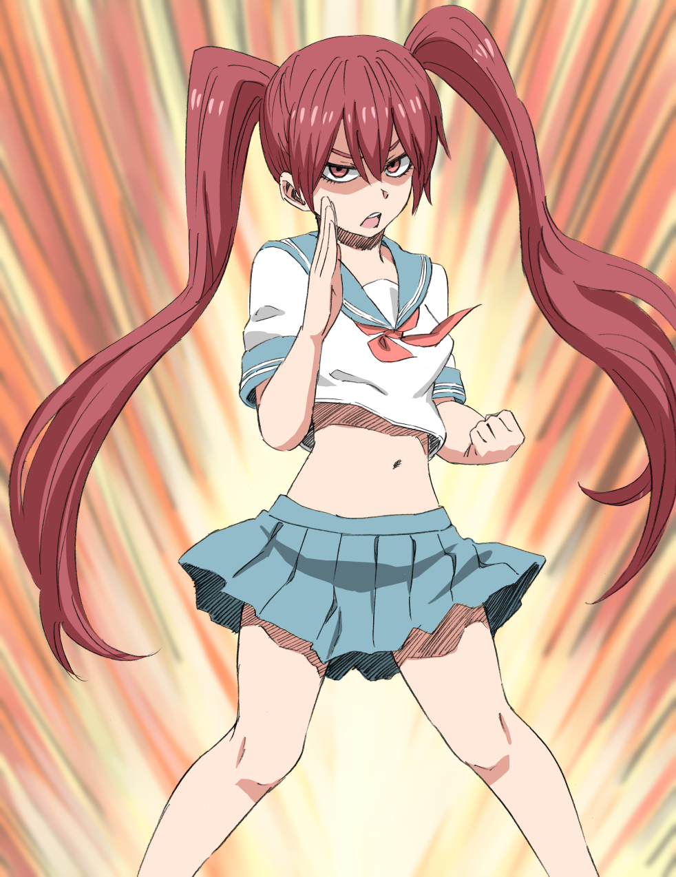 1girl, angry, brown_eyes, brown_hair, clenched_hand, fighting_stance, highres, looking_at_viewer