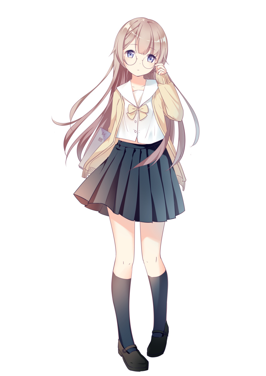 1girl, absurdres, adjusting_eyewear, arm_behind_back, bangs, black_legwear, black_skirt, blouse