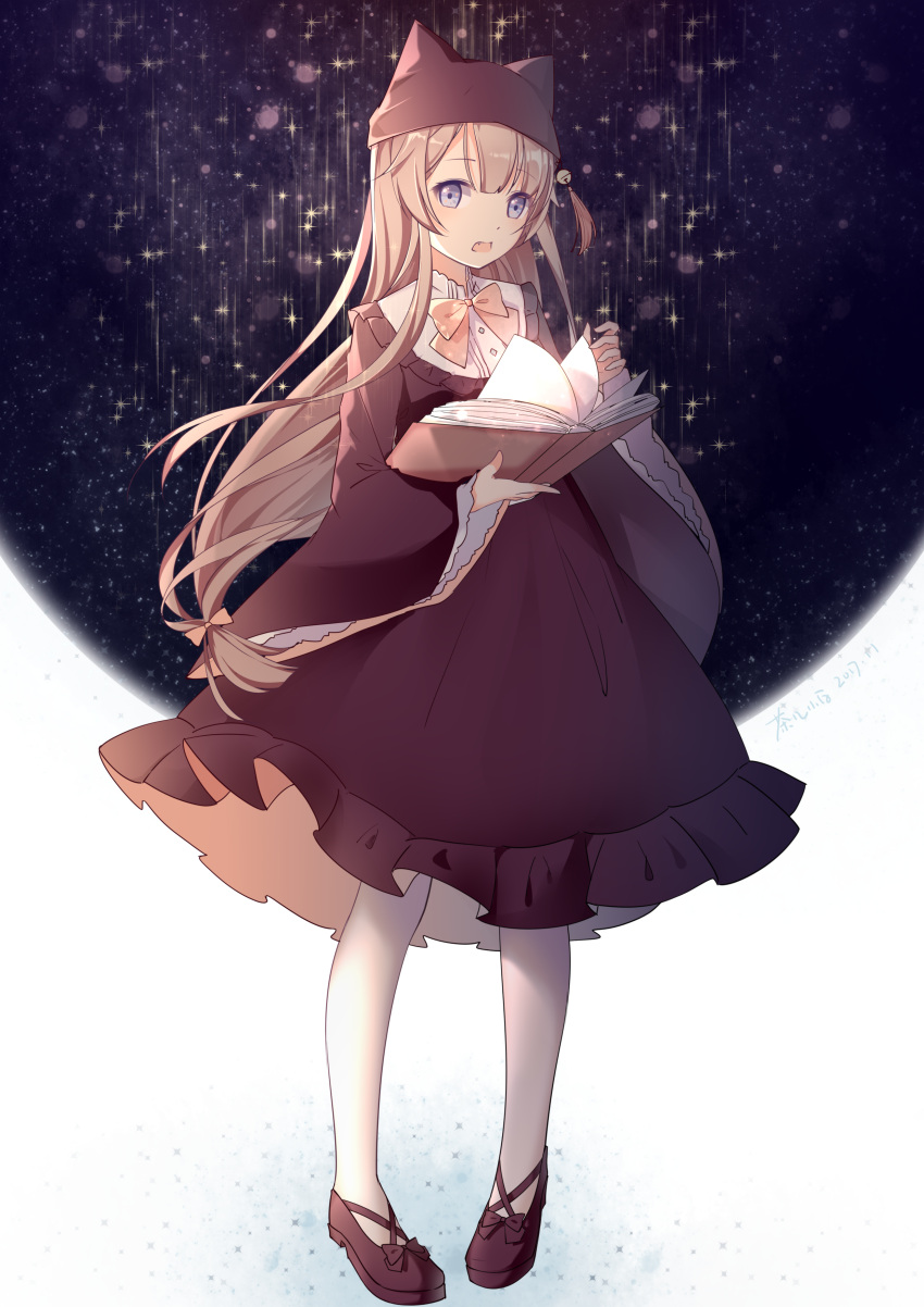 1girl, :o, absurdres, animal_hat, bangs, bell, black_dress, black_footwear