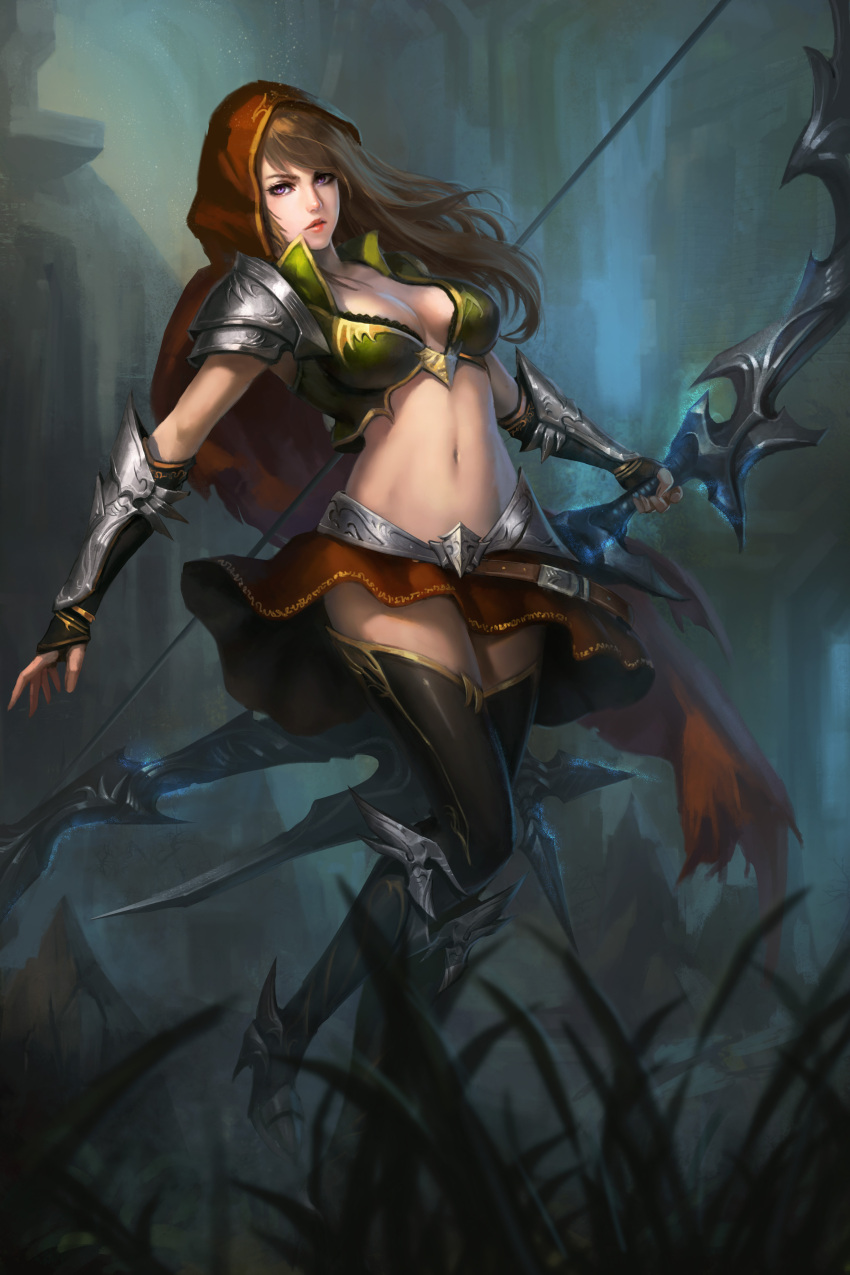 1girl, absurdres, arm_at_side, armor, black_legwear, boots, bow_(weapon), breasts