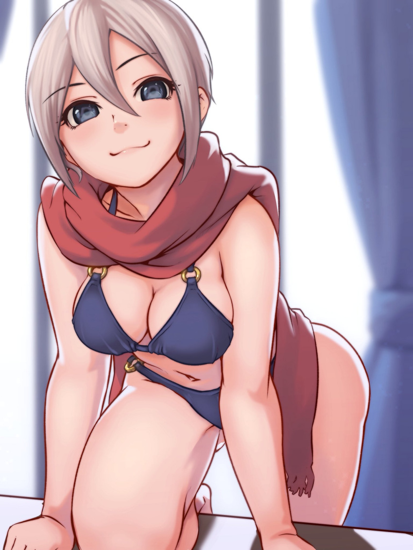 1girl, :3, batayu, blonde_hair, blue_eyes, blush, breasts, cleavage, gluteal_fold, groin_tendon, highres, idolmaster, idolmaster_cinderella_girls, medium_breasts, navel, o-ring_bikini, shiomi_shuuko, short_hair, smile, solo