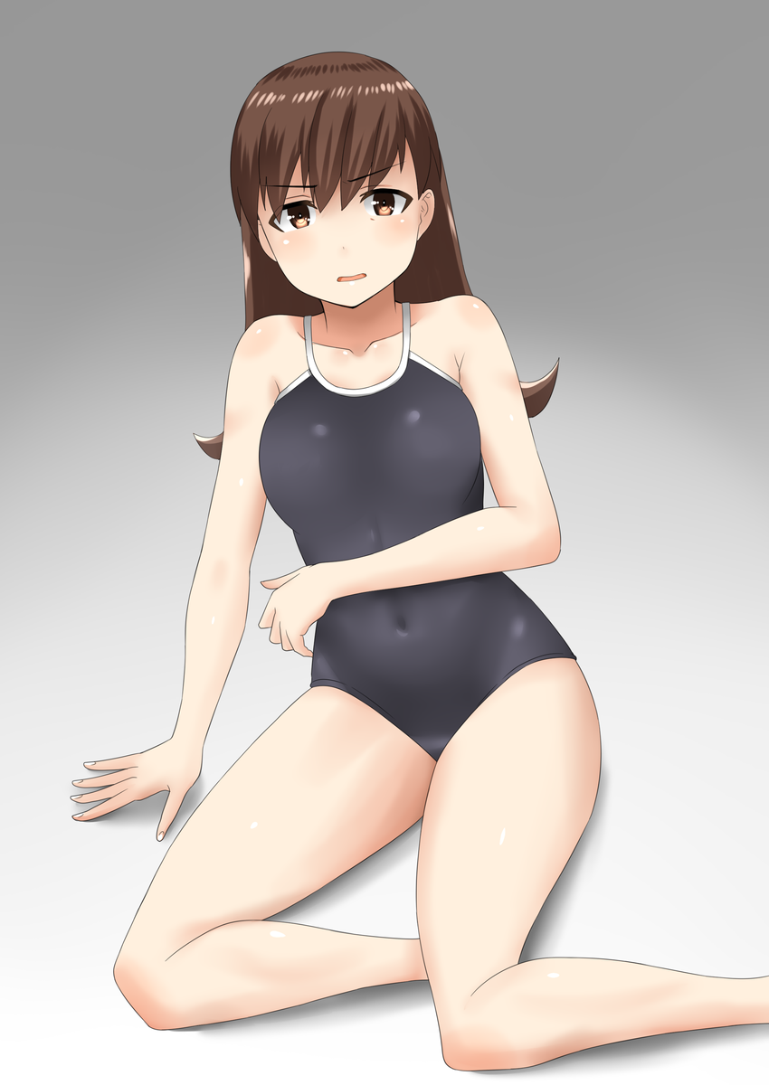 1girl, 30-06, breasts, brown_eyes, brown_hair, competition_school_swimsuit, grey_background, highres