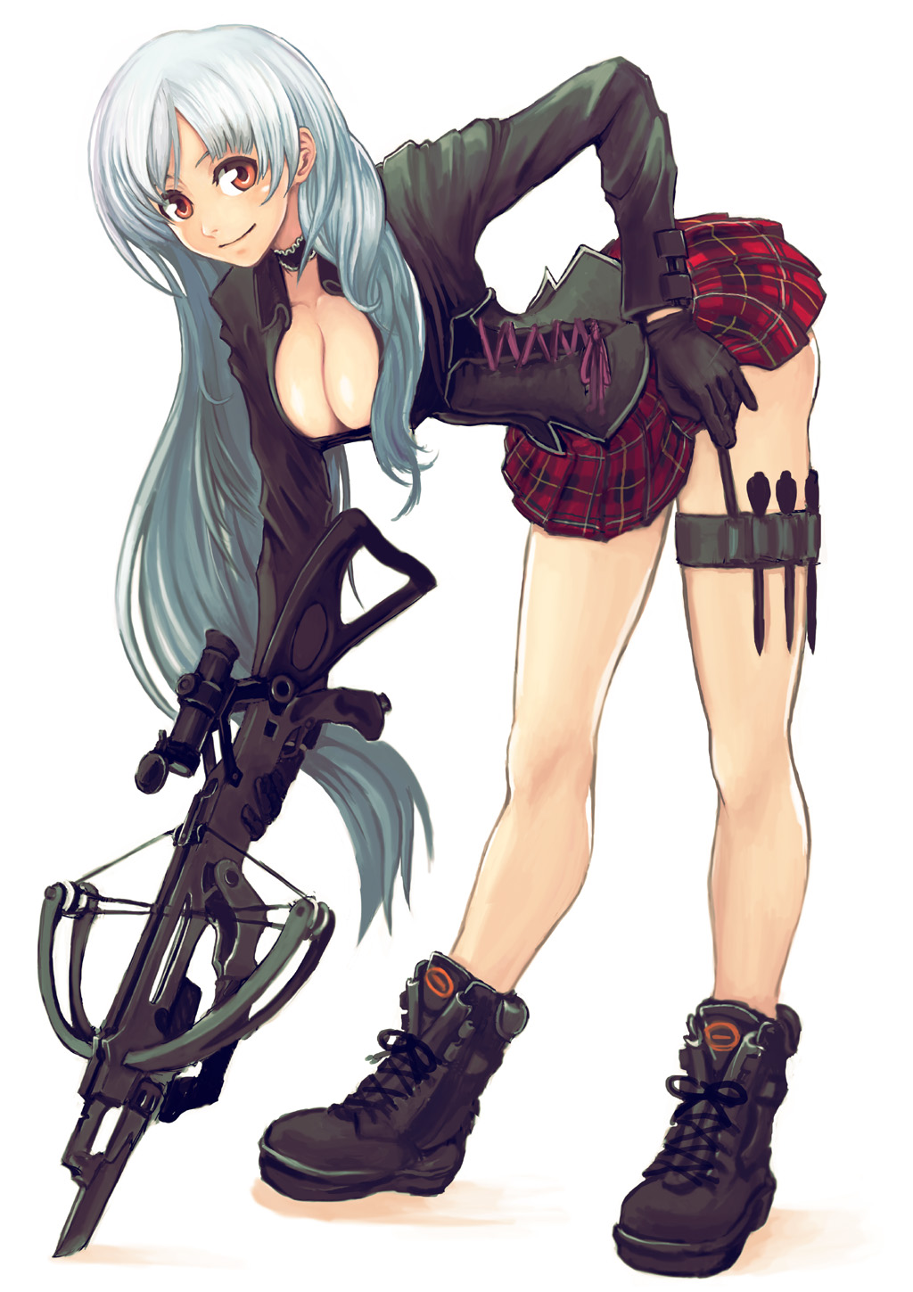 bare_legs, bent_over, boots, bow_(weapon), breasts, choker, cleavage, corset, crossbow, gloves, highres, lace, long_hair, motsu_rebaa, original, plaid, plaid_skirt, red_eyes, skirt, smile, solo, tartan, wavy_hair, weapon, white_hair
