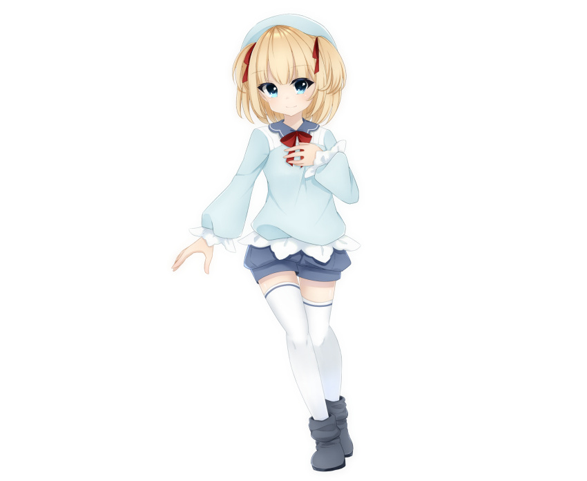 1girl, black_footwear, blonde_hair, blue_eyes, blue_hat, blue_short, hand_up, hari_shoku