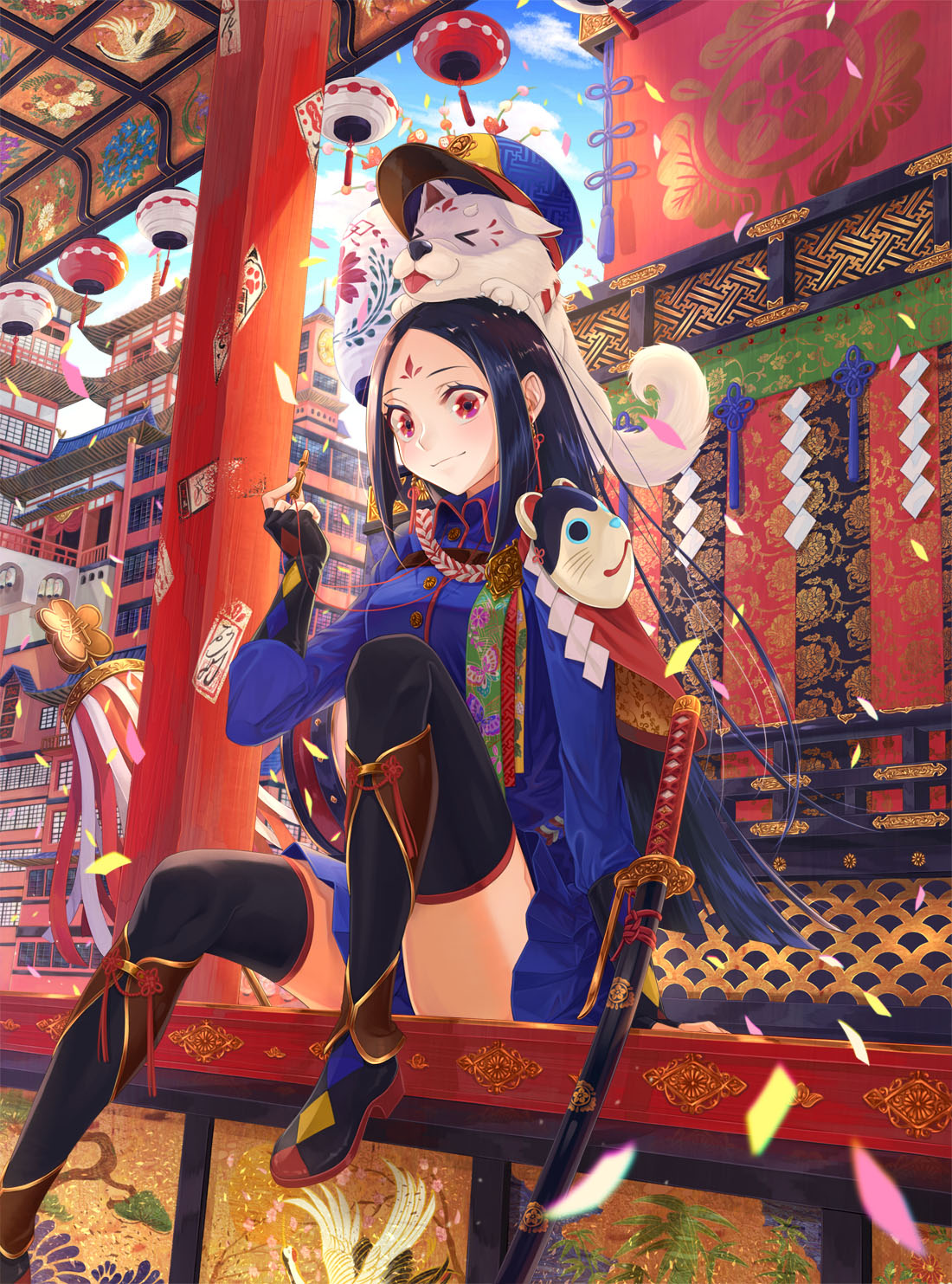 1girl, architecture, black_hair, black_legwear, blue_sky, capelet, clouds, day