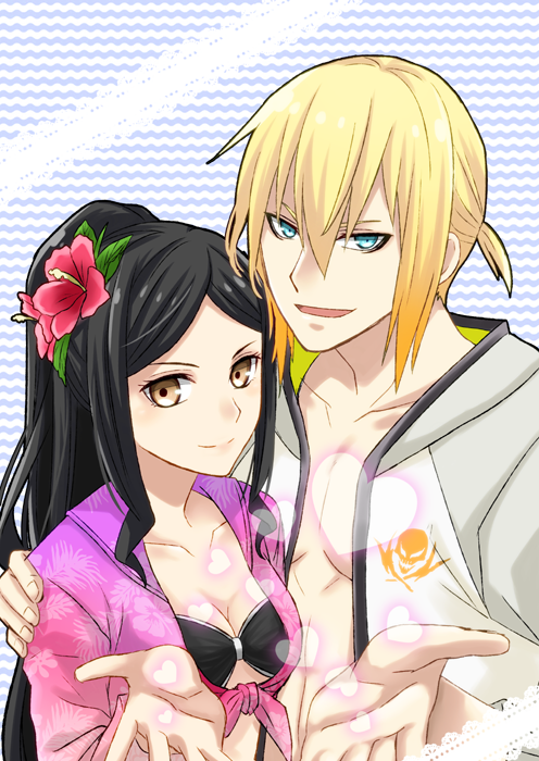 1boy, 1girl, alternate_hairstyle, black_hair, blonde_hair, blue_eyes, closed_mouth, eizen_(tales)