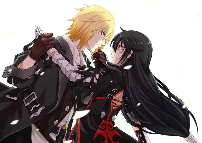 1boy, 1girl, bandage, bandaged_arm, belt, black_coat, black_hair, blonde_hair