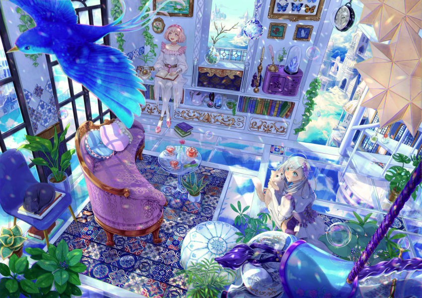 2girls, :d, ahoge, bird, blue, blue_eyes, blue_sky, bluebird
