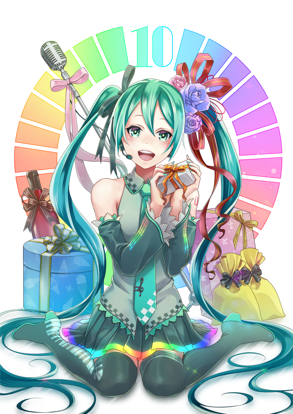 1girl, :d, absurdly_long_hair, aqua_eyes, aqua_hair, aqua_nails, aqua_neckwear, bare_shoulders, black_legwear, black_skirt, bottle, brown_ribbon, detached_sleeves, flower, g_clef, gift, hair_flower, hair_ornament, hatsune_miku, headset, highres, ichino_tomizuki, keyboard_print, long_hair, looking_at_viewer, microphone, nail_polish, open_mouth, pink_ribbon, rainbow_order, red_ribbon, ribbon, sitting, skirt, smile, solo, tattoo, thigh-highs, twintails, very_long_hair, vocaloid, wariza