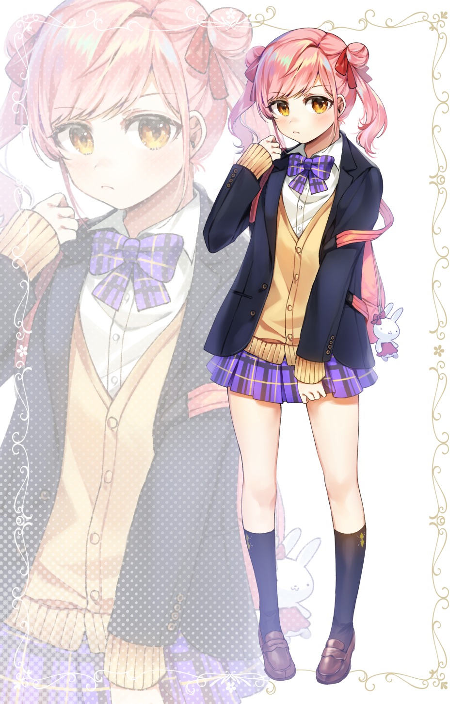 1boy, 1girl, backpack, bag, bag_charm, bangs, black_jacket, black_legwear