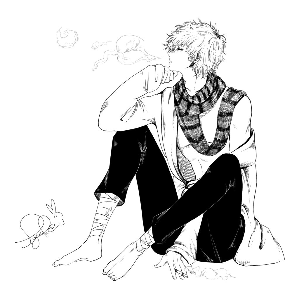 1boy, barefoot, black_pants, character_request, cigarette, copyright_request, full_body, hand_up