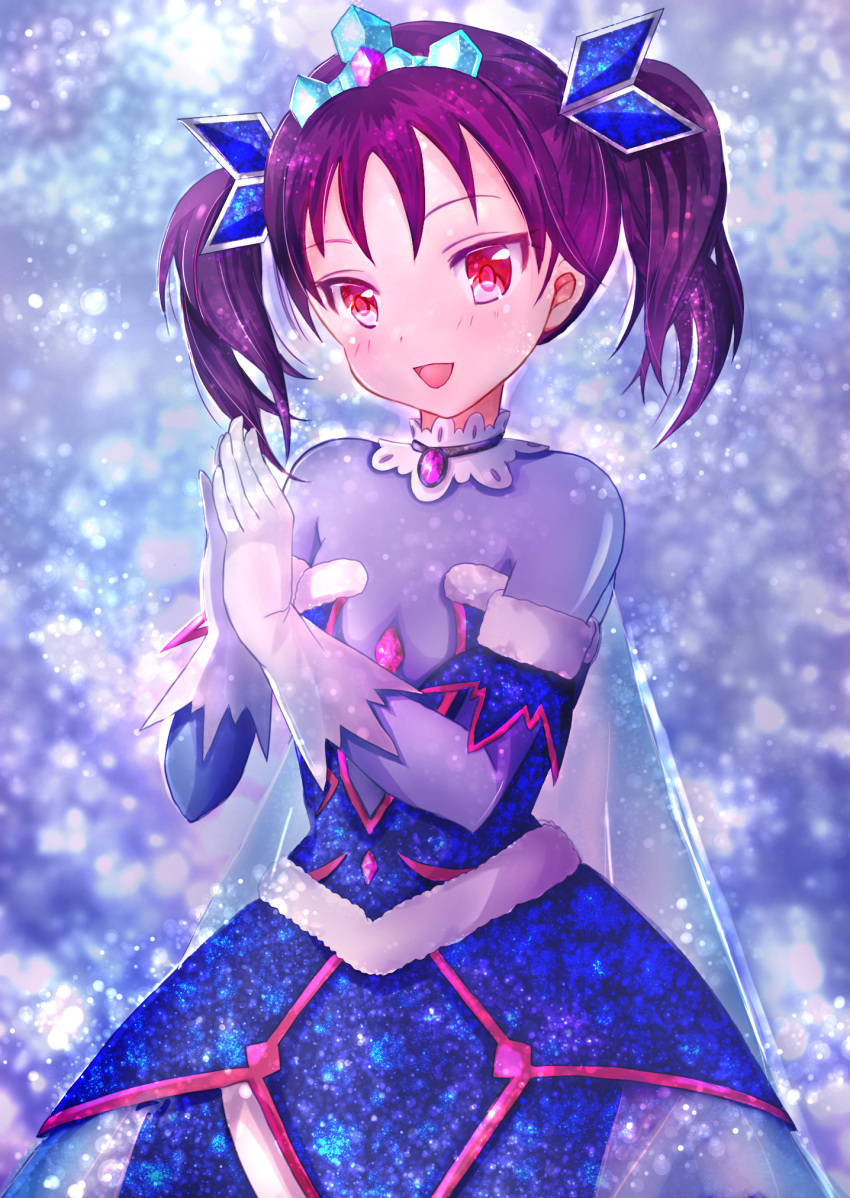 1girl, :d, awaken_the_power, bangs, brooch, commentary_request, detached_sleeves, dress