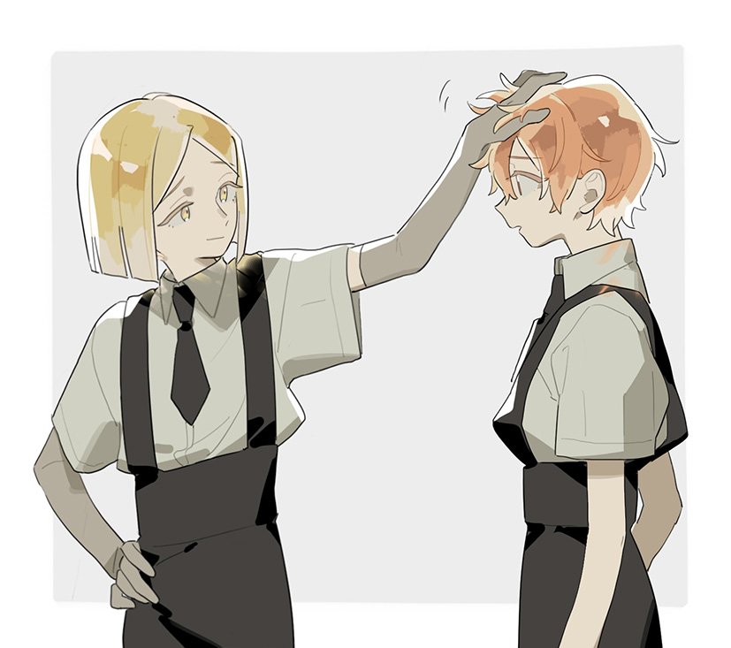 ahn, androgynous, blonde_hair, elbow_gloves, gem_uniform_(houseki_no_kuni), gloves, hand_on_another's_head, houseki_no_kuni