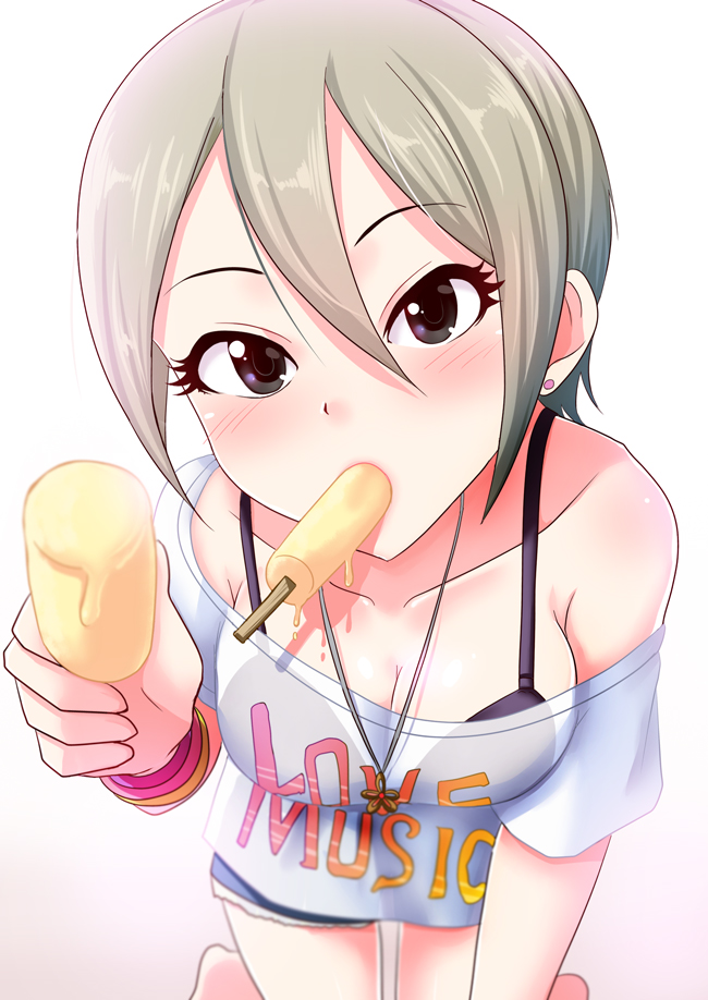 1girl, arm_support, bare_shoulders, barefoot, black_bra, black_eyes, blush, bra