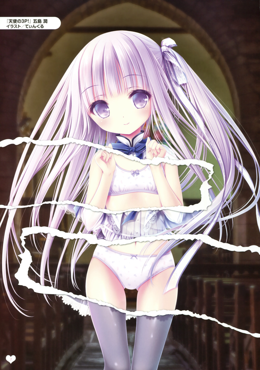 1girl, absurdres, bangs, black_legwear, blue_neckwear, blush, bow, bow_bra