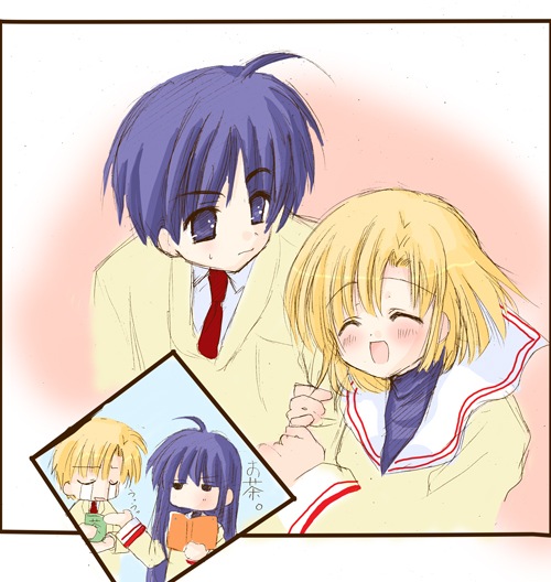 arm_hug, blonde_hair, blue_eyes, blue_hair, blush, book, chibi, clannad