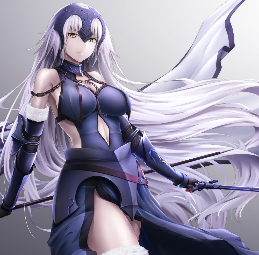 1girl, armor, armored_dress, armpit_peek, bangs, banner, bare_shoulders, black_armor