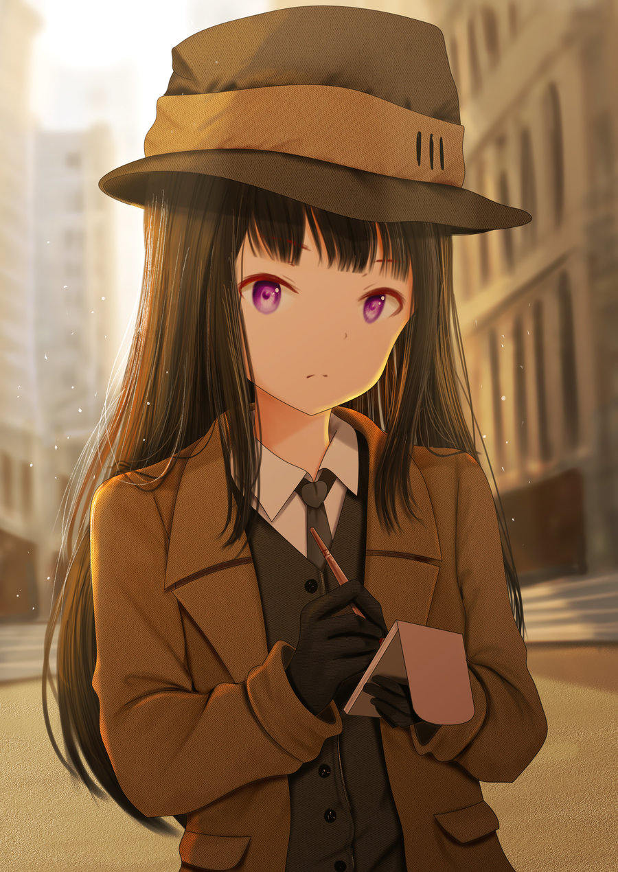 1girl, backlighting, bangs, black_gloves, black_hair, black_jacket, black_neckwear, blunt_bangs
