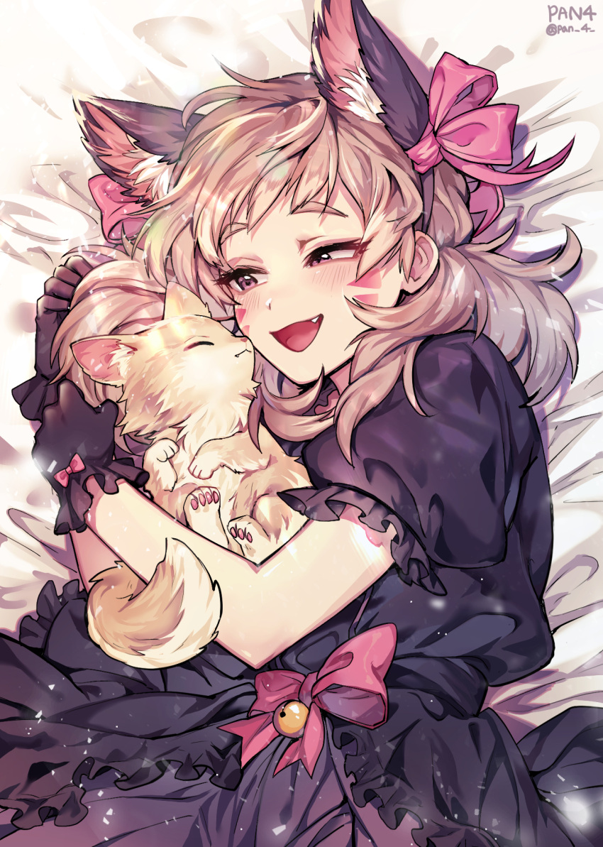 1girl, alternate_costume, animal, animal_ears, artist_name, bell, black_dress, black_gloves