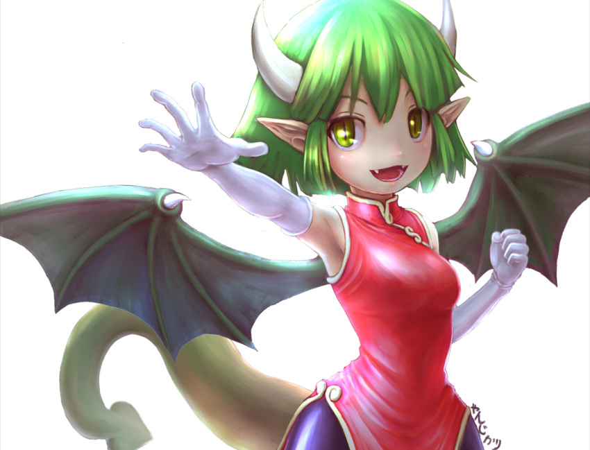 :d, brown_eyes, clenched_hand, draco_centauros, dragon_girl, dragon_tail, dragon_wings, elbow_gloves, fangs, gloves, green_hair, horns, looking_at_viewer, open_mouth, outstretched_hand, pointy_ears, puyopuyo, short_hair, smile, solo, standing, tail, white_background, white_gloves, wings, yanzikatu