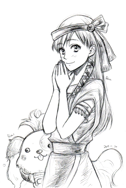 1girl, blush, breasts, chrono_cross, dated, dog, dress, greyscale