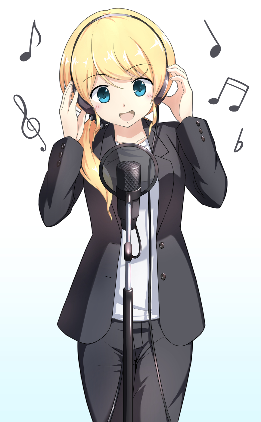 1girl, :d, beamed_semiquavers, black_pants, blonde_hair, blue_eyes, ellen_baker, g_clef, hands_on_headphones, headphones, highres, kanimiso_(hotarunperopero), long_hair, microphone, musical_note, new_horizon, open_mouth, pants, ponytail, pop_filter, smile