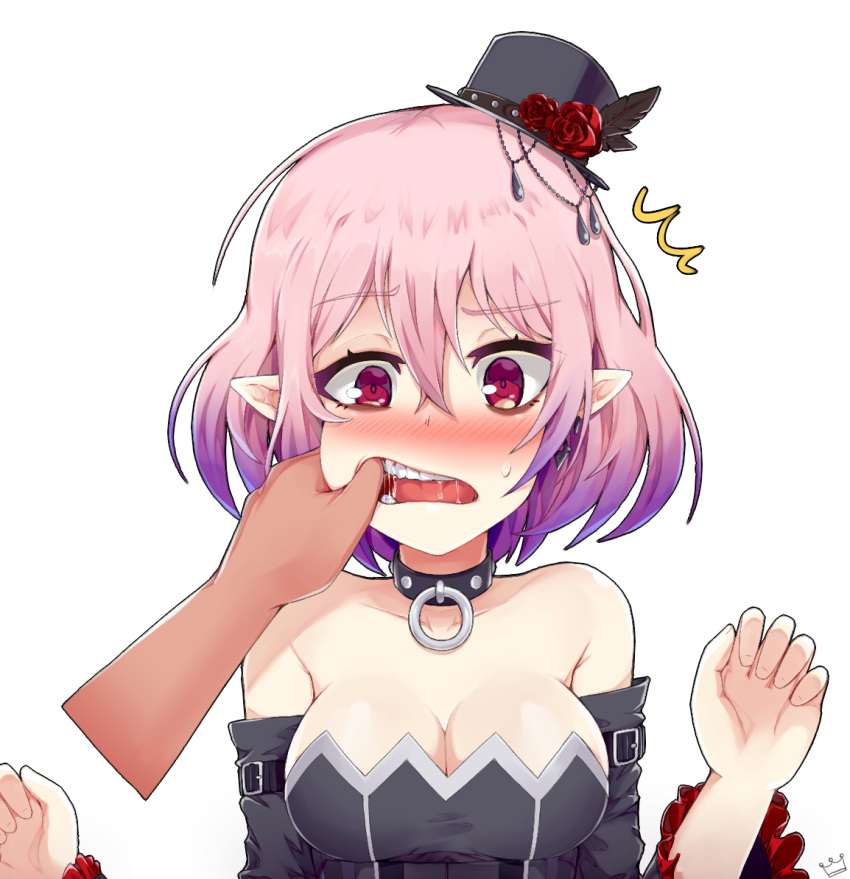 /\/\/\, 1girl, bangs, bare_shoulders, blush, breasts, buckle, cleavage