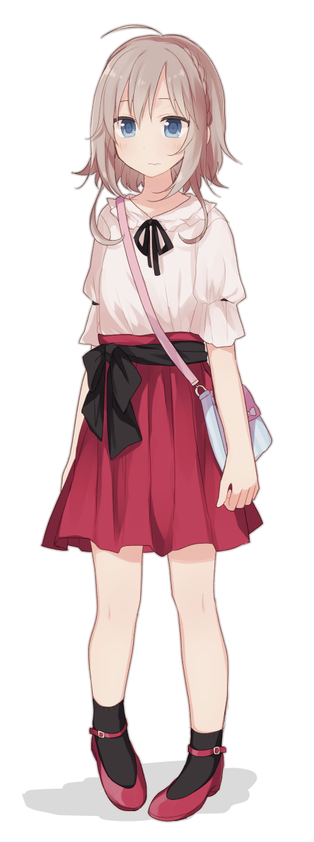 1girl, ahoge, arms_at_sides, bag, bangs, black_bow, black_legwear, black_ribbon, blouse, blue_eyes, blush, bow, braid, closed_mouth, collared_blouse, dot_nose, full_body, handbag, high-waist_skirt, high_heels, highres, long_skirt, looking_away, mary_janes, minamiya_mia, original, over_shoulder, pigeon-toed, red_footwear, red_skirt, ribbon, sash, shadow, shoes, short_hair_with_long_locks, silver_hair, simple_background, single_braid, skirt, socks, solo, wavy_mouth, white_background, white_blouse