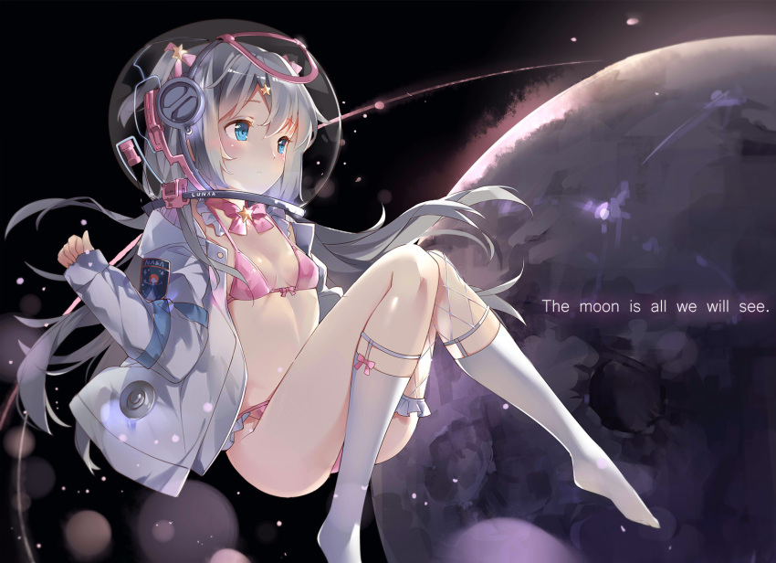1girl, astronaut_helmet, asymmetrical_legwear, bangs, bikini, blush, bow, bowtie