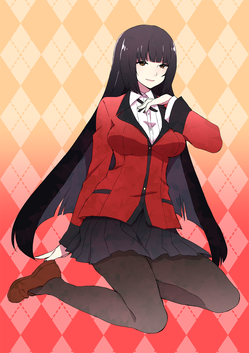 1girl, argyle, bangs, black_hair, black_legwear, black_nails, blue_skirt, blunt_bangs