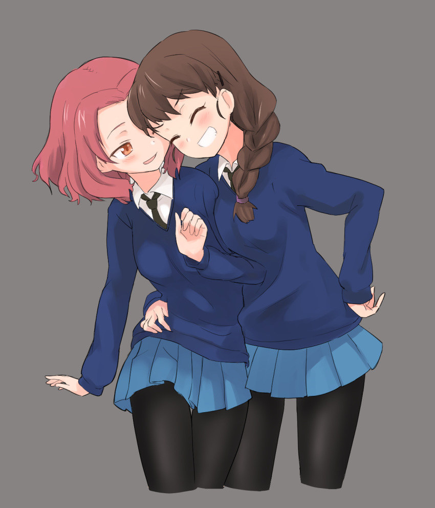 2girls, arm_around_waist, bangs, black_legwear, blue_skirt, braid, brown_eyes, brown_hair