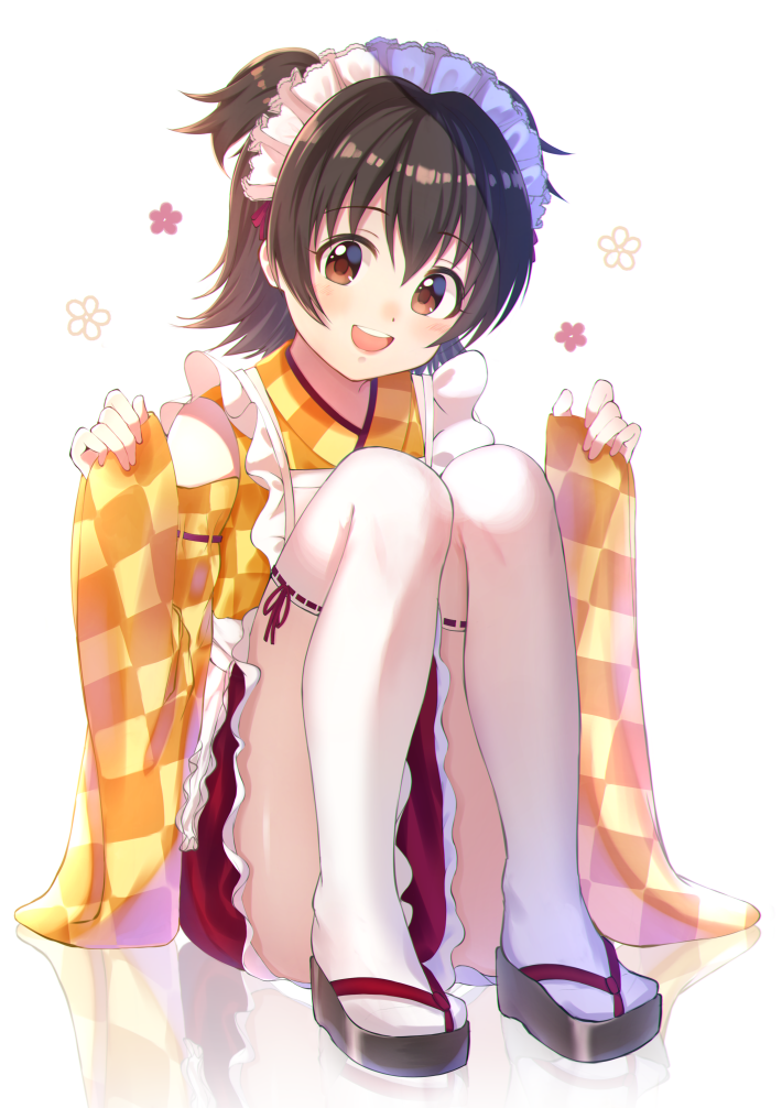 1girl, :d, akagi_miria, apron, bands, bare_shoulders, black_hair, blush