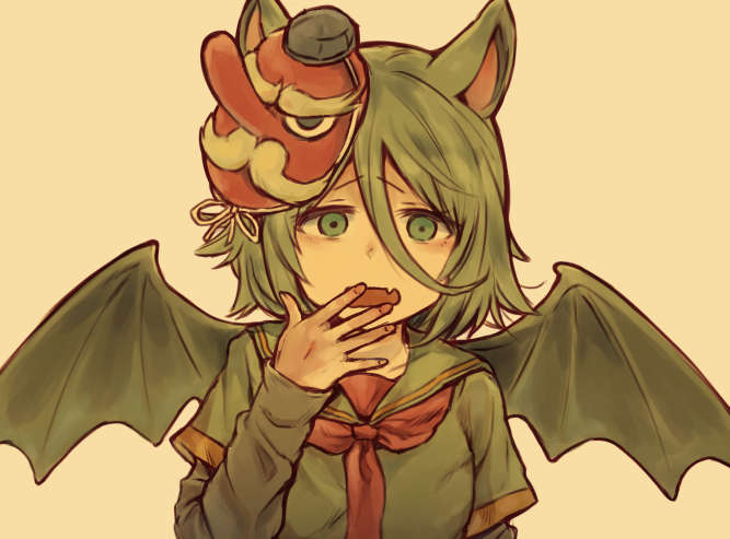 1girl, animal_ears, bangs, bat_ears, bat_girl, bat_wings, facing_viewer, green