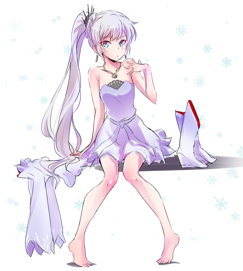 1girl, :<, arm_at_side, bangs, bare_arms, bare_legs, bare_shoulders, barefoot