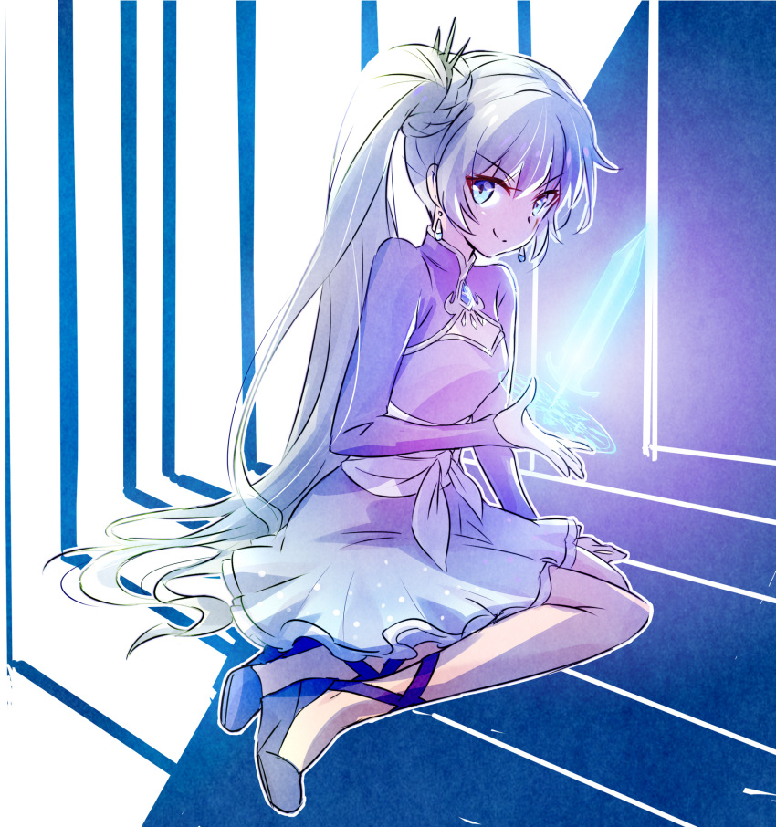>:), 1girl, ankle_lace-up, arm_support, bangs, bare_legs, blue_eyes, blue_footwear, blush, cage, cleavage_cutout, cross-laced_footwear, dagger, earrings, eyebrows_visible_through_hair, far_cry_3, full_body, gem, highres, hologram, iesupa, jewelry, long_hair, long_sleeves, looking_at_viewer, no_socks, on_floor, outline, rwby, sash, scar, scar_across_eye, side_ponytail, sitting, smile, solo, summoning, sword, v-shaped_eyebrows, very_long_hair, weapon, weiss_schnee, white_hair, white_outline, yokozuwari