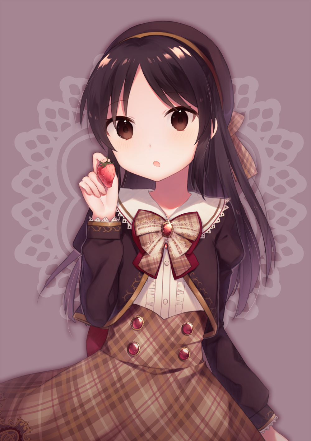 1girl, :o, arm_at_side, bangs, black_hair, blouse, bow, brooch