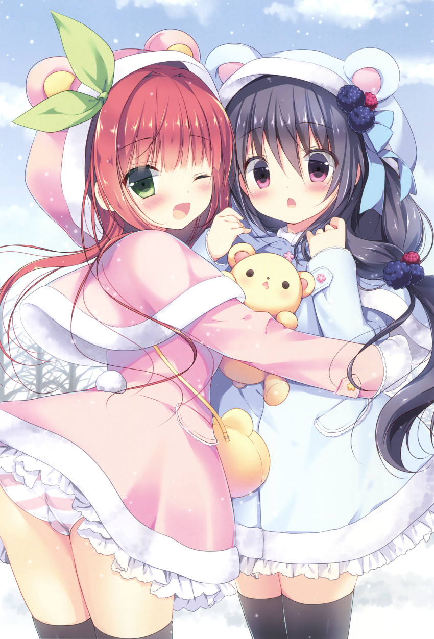 2girls, ;d, absurdres, animal_bag, animal_ears, bag, bangs, bear_bag