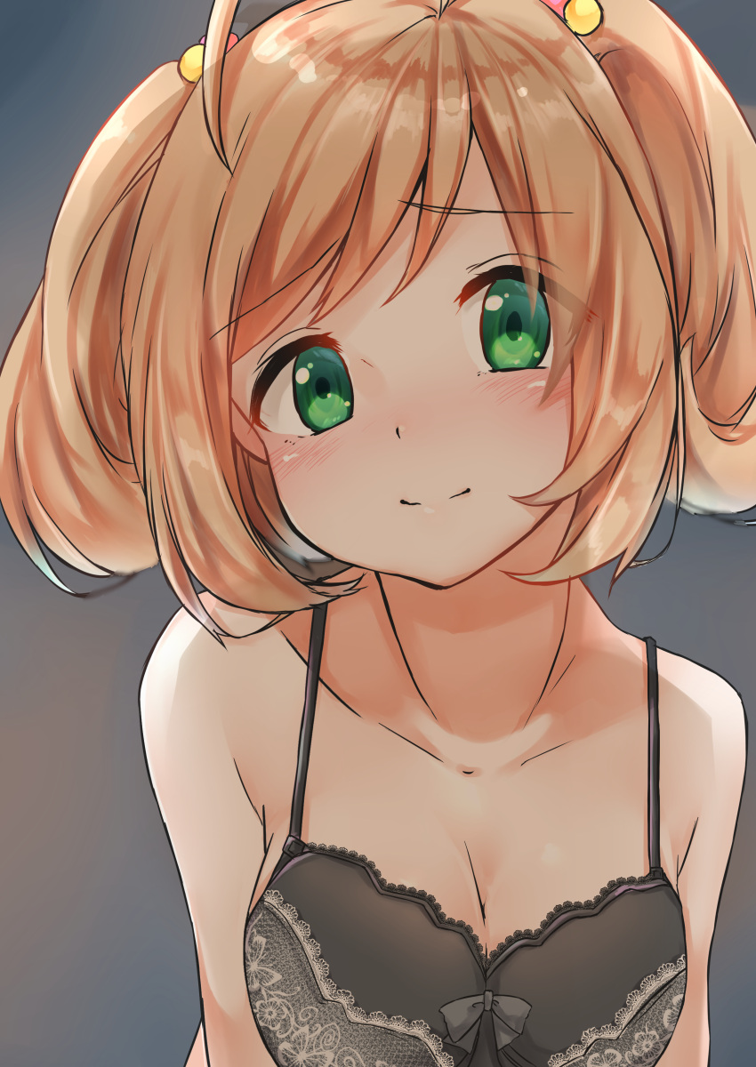 1girl, absurdres, ahoge, bangs, black_bra, blonde_hair, blush, bra