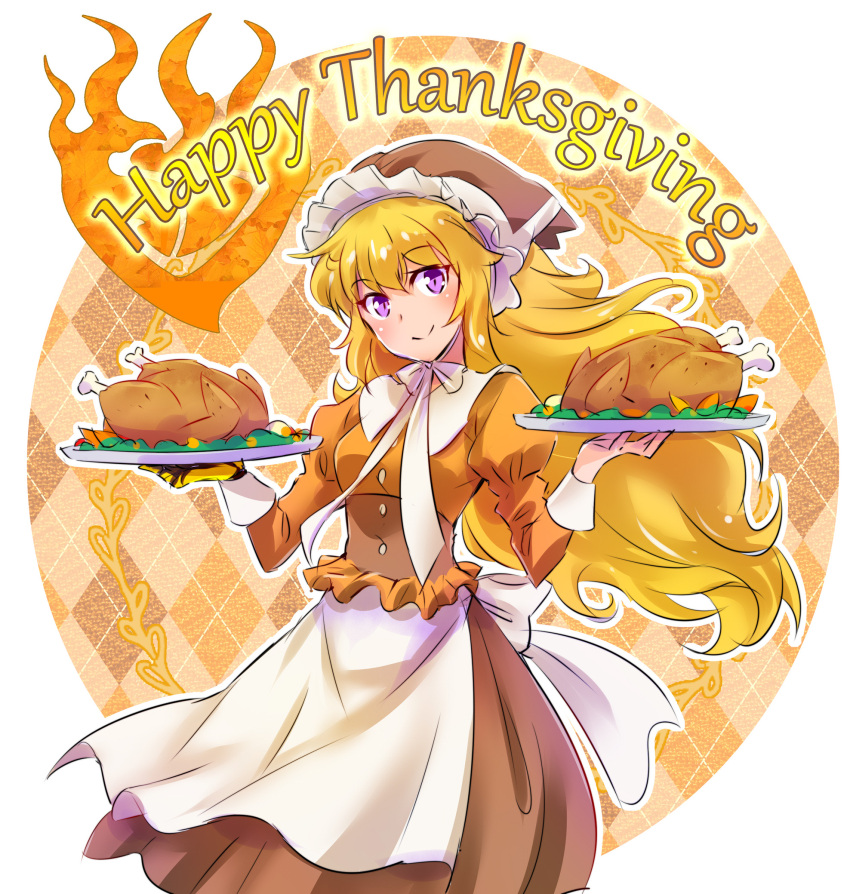 1girl, alternate_costume, apron, argyle, argyle_background, bangs, blonde_hair, bow