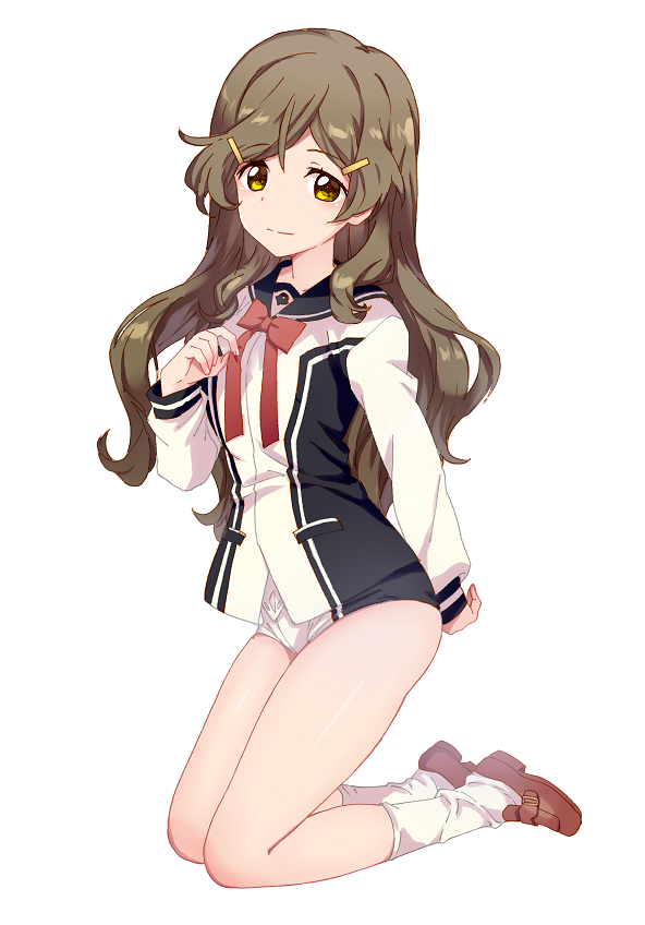 1girl, asaoka_(0x0), bangs, blush, bow, bowtie, brown_footwear, brown_hair, closed_mouth, eyebrows_visible_through_hair, full_body, hair_ornament, hairclip, kneeling, loafers, long_hair, long_sleeves, looking_at_viewer, loose_socks, national_shin_ooshima_school_uniform, red_neckwear, shinomiya_himawari, shoes, short_shorts, shorts, simple_background, socks, solo, very_long_hair, vividred_operation, white_background, white_legwear, yellow_eyes