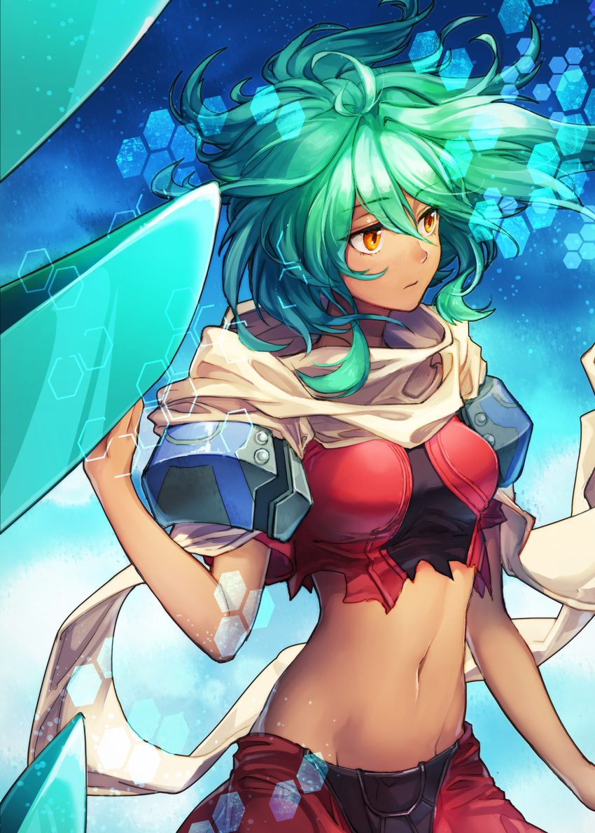 1girl, aqua_hair, breasts, dark_skin, emerada_(xenogears), eyebrows_visible_through_hair, green_hair, hair_between_eyes, highres, long_hair, looking_away, looking_to_the_side, medium_breasts, midriff, navel, pauldrons, scarf, shirt, short_sleeves, solo, standing, tierra818, torn_clothes, wavy_hair, white_neckwear, xenogears, yellow_eyes