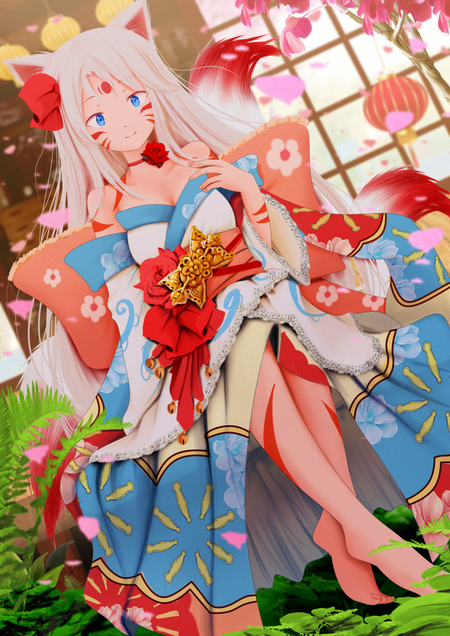 1girl, animal_ears, bare_shoulders, bell, blue_eyes, blurry, blurry_background, bow