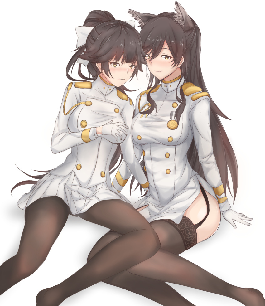 2girls, animal_ears, atago_(azur_lane), azur_lane, bangs, black_hair, black_legwear, blush
