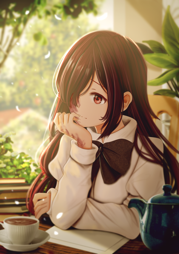 1girl, arm_support, bangs, black_neckwear, blurry, blurry_background, book, bow, bowtie, burn_scar, closed_mouth, coffee, coffee_cup, commission, day, depth_of_field, fingernails, hair_over_one_eye, head_rest, ikezawa_hanako, juliet_sleeves, katawa_shoujo, kirimatsu, light_smile, long_hair, long_sleeves, puffy_sleeves, red_eyes, redhead, saucer, scar, shirt, solo, tree, very_long_hair, white_shirt