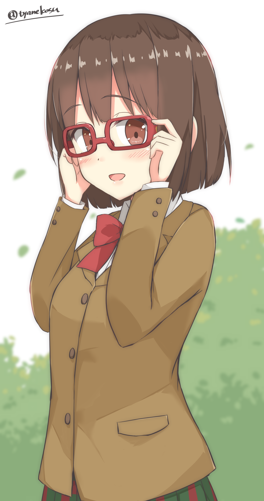 1girl, :d, adjusting_eyewear, bangs, blazer, blurry, blurry_background, blush