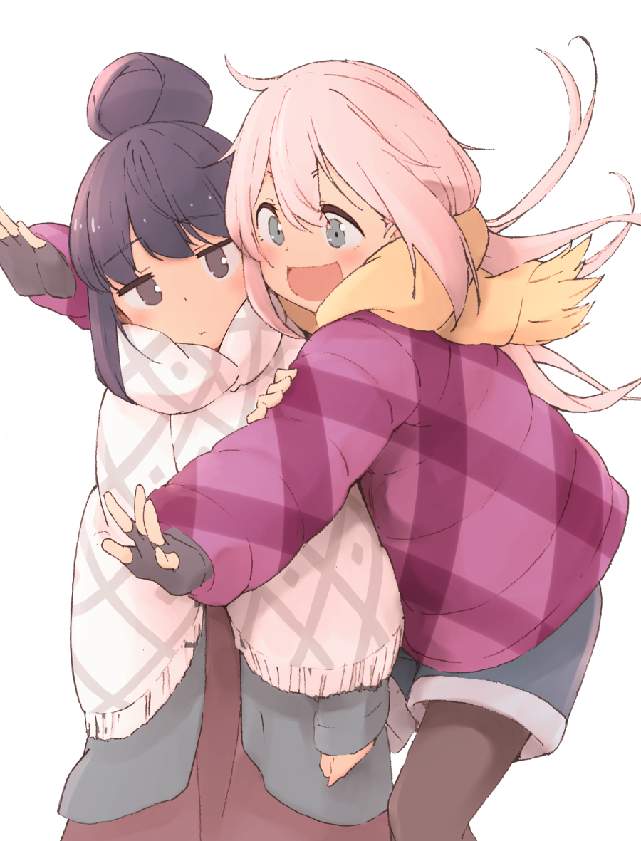 2girls, :/, arm_at_side, black_gloves, black_legwear, blue_eyes, blue_hair, blush, brown_eyes, closed_mouth, eyebrows_visible_through_hair, fingerless_gloves, gloves, hair_between_eyes, hair_bun, head_tilt, jitome, kagamihara_nadeshiko, long_hair, long_sleeves, looking_at_viewer, marukakisuto, multiple_girls, outstretched_arm, pantyhose, pink_coat, pink_hair, scarf, shawl, shima_rin, shorts, standing, v-shaped_eyebrows, white_background, yellow_scarf, yurucamp